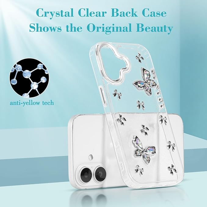 EYZUTAK Case for iPhone 16 Plus, Bling Glitter 3D Butterflies Bowknot Phone Case Cute Crystal Clear Bow Aesthetic Case Slim Soft Durable TPU Transparent Protective Cover for Women Girls - Butterfly