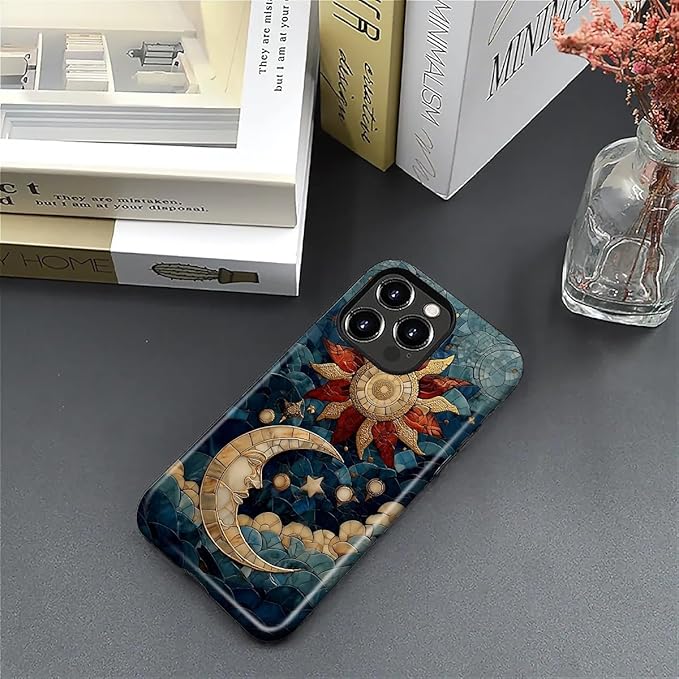 Case for iPhone 16 Pro Case,Sun Moon Stars Faux Stained Glass Design - Hybrid Dual Protection Silicone + Hard PC Shockproof Full Body Cover Slim Anti-Scratch Protective Case for Men Women