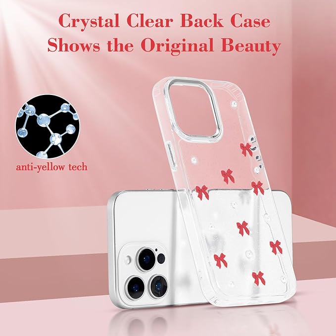 EYZUTAK Case for iPhone 15 Pro, Bling Glitter 3D Bowknot Phone Case Cute Sparkly Crystal Clear Bow Aesthetic Design Case Slim Soft Durable TPU Transparent Protective Cover for Women Girl - Red Bow