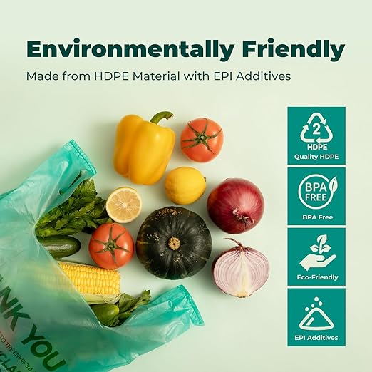 FMP Brands 1000 Count Eco Biodegradable Plastic Grocery Bags with Handles, Reusable Plastic Shopping Bags Bulk for Small Business, Restaurant, Groceries, Supermarket