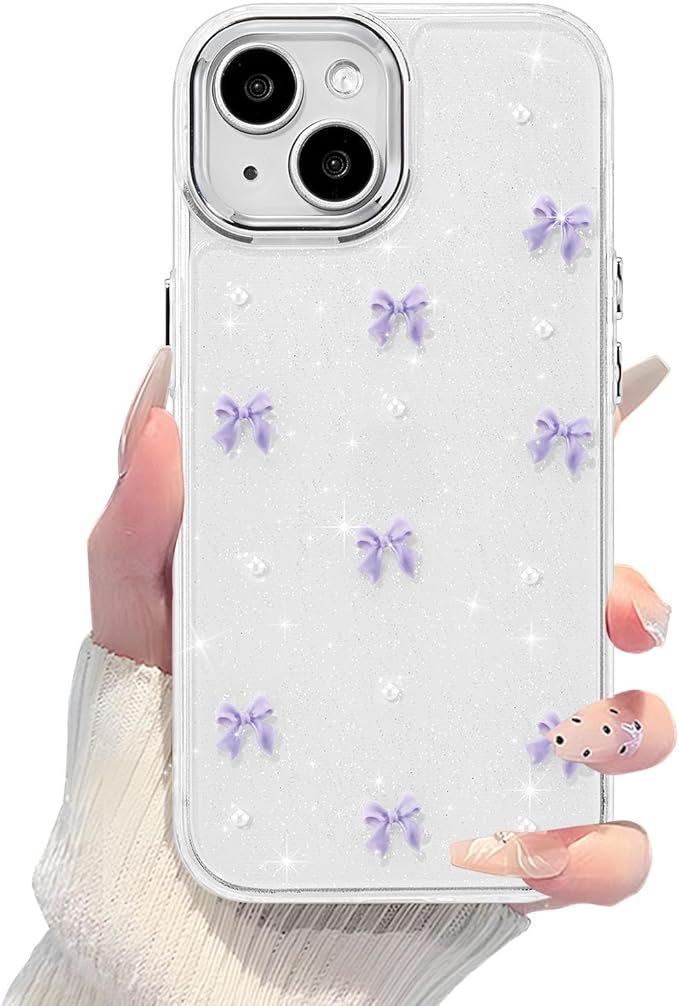 EYZUTAK Case for iPhone 13/iPhone 14, Bling Glitter 3D Bowknot Phone Case Cute Sparkly Crystal Clear Bow Aesthetic Case Slim Soft Durable TPU Transparent Protective Cover for Women Girls - Purple Bow
