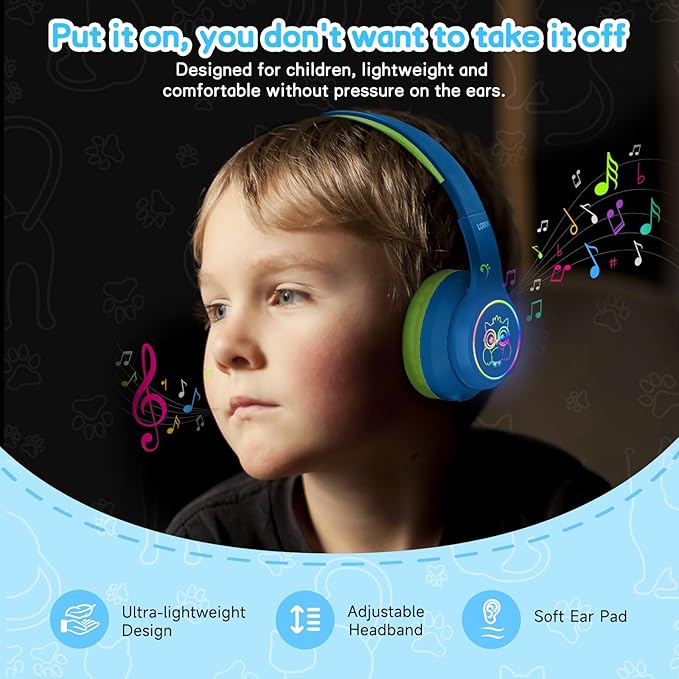 LOBKIN Active Noise Cancelling Headphones for Kids,Bluetooth 5.4,Kids Headphones Wireless with Mic 50H Playtime AUX Cord Safe Volume Limited Foldable for Boy Girl Travel/School/iPad(with LED Lights)