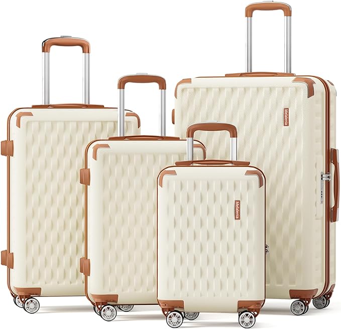Melalenia Luggage Sets 4 Piece Hard Shell Carry on Suitcase with Spinner Wheels and TSA Lock, Lightweight Travel Duffel Bag for Women, Beige Brown