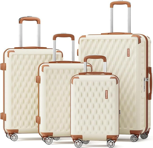 Melalenia Luggage Sets 4 Piece Hard Shell Carry on Suitcase with Spinner Wheels and TSA Lock, Lightweight Travel Duffel Bag for Women, Beige Brown