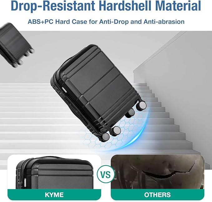 KYME Carry On Luggage 22x14x9 Airline Approved with TSA Lock Hard Shell Carry On Suitcase Lightweight Suitcases with Wheels Small Luggage for Men Women,Carry-On 20 Inch,Black