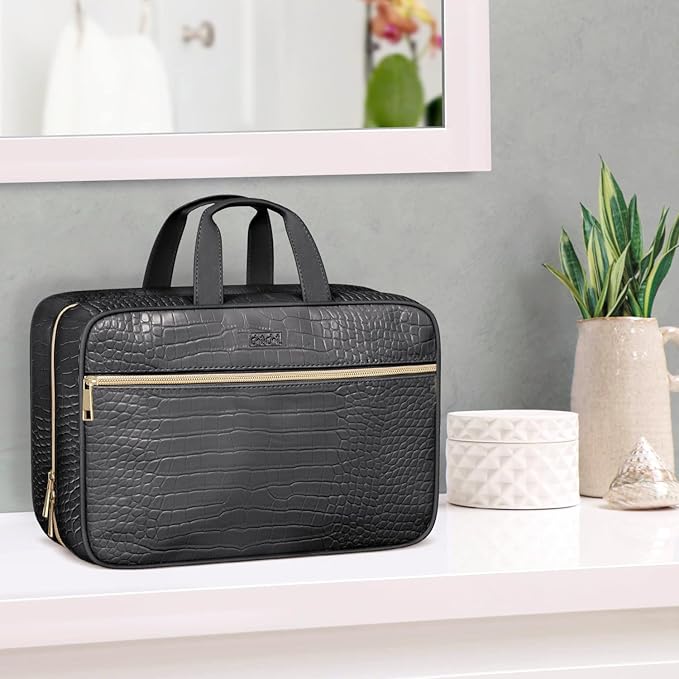 Dot&Dot Spacious Leather Toiletry Bathroom Bag - Hanging Travel Toiletry Bag for Women - Men's & Women's Toiletries Makeup and Cosmetic Organizer for Traveling Women
