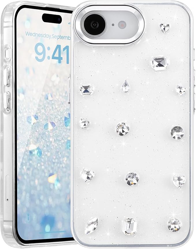 EYZUTAK Case for iPhone 16e, Bling Glitter 3D Diamond Phone Case Cute Sparkly Crystal Clear Aesthetic Design Cover Slim Soft Durable TPU Transparent Protective Cover for Women Girls - Crystal