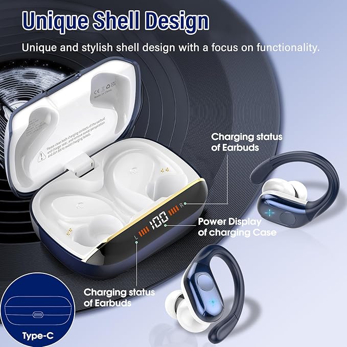 Wireless Earbuds Bluetooth Headphones Stereo Deep Bass Sports Ear Buds with Earhooks, Bluetooth Earbuds, LED Display, IP7 Waterproof Earphone, Dark Blue