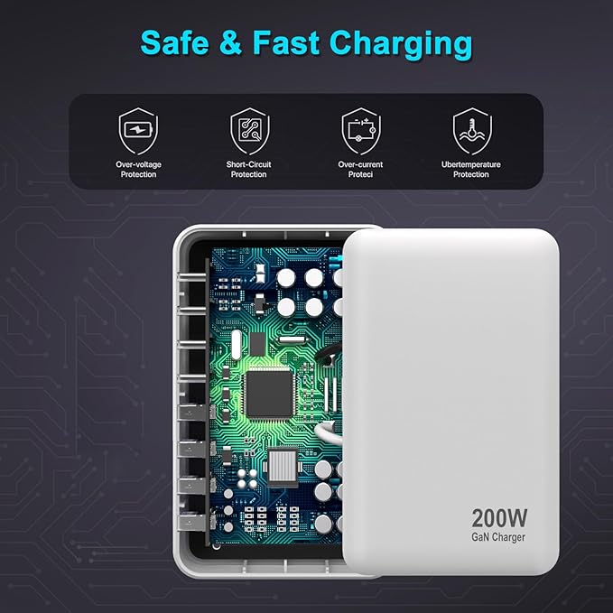 USB C Charger, 200W 8-Port USB C Charging Station Hub, GaN Fast Charger, Compatible with MacBook Pro/Air/Google Pixel/iPhone 15/14/13/Galaxy S24/S23/S22/Smartphones/Laptops/Tablets