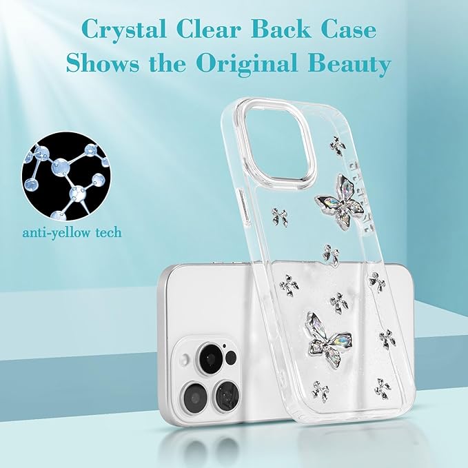 EYZUTAK Case for iPhone 16 Pro Max, Bling Glitter 3D Butterflies Bowknot Phone Case Cute Crystal Clear Bow Aesthetic Case Slim Soft Durable TPU Transparent Protective Cover for Women Girls - Butterfly