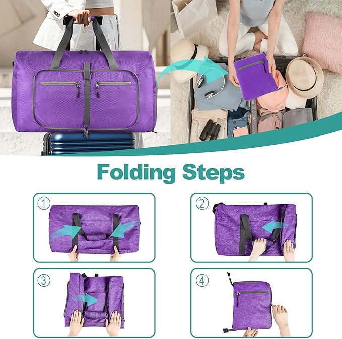 Dimayar Travel Duffle Bag for Men Women - Foldable Duffel Bag with Shoes Compartment - Overnight Bags Waterproof & Tear Resistant(65L,Purple)
