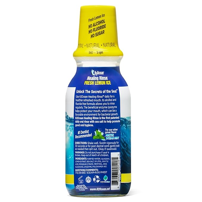H2Ocean Healing Rinse Natural Sea Salt Oral Care - Mouth Rinse for Oral Care - Great for Piercings, Sore Throats & Gum Health - Alcohol- & Fluoride-Free Mouthwash - Lemon Ice, 8 oz