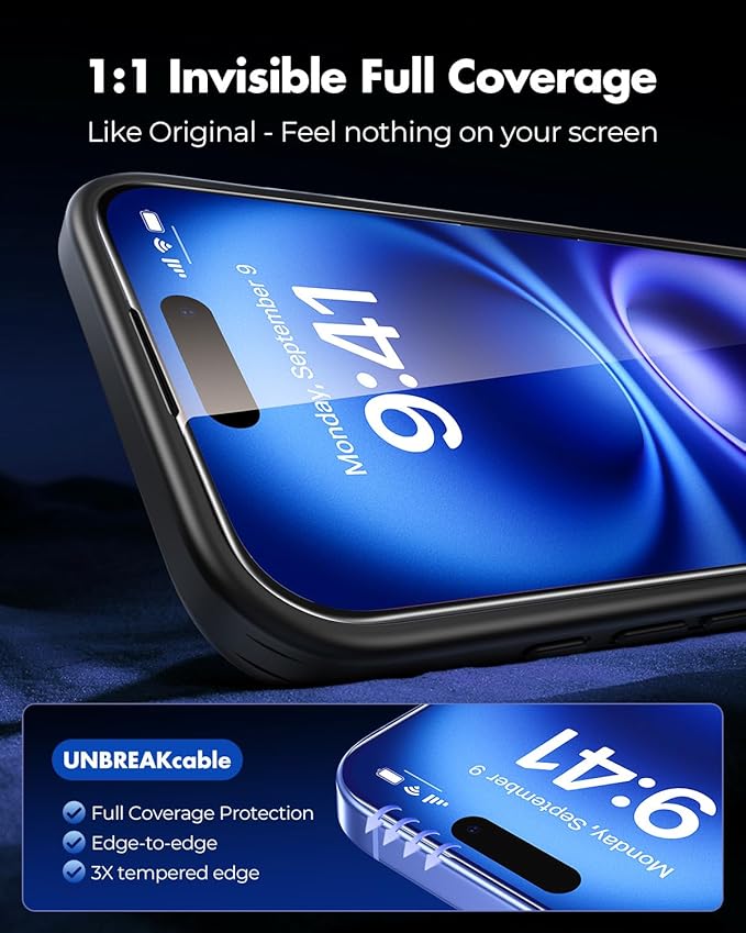 UNBREAKcable 3-Pack Screen Protector for iPhone 16 Tempered Glass - [One-Pull Perfection] [Auto Dust-Elimination] [9H+ Hardness] [99.99% HD Clear] Full Coverage for iPhone 6.1 inch