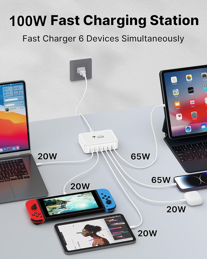 USB C Fast Charger, 100W GaN 6 Port USB C Fast Charging Station Hub Block Cube, QC USB A and PD USB c Wall Charger Power Multiple USB Charger Plug for iPhone 16 15 14 13 12 Pro Max, MacBook, Samsung