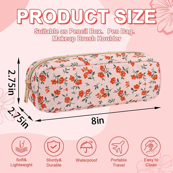 Waterproof Small Floral Pencil Case Makeup Bag for Purse,Cute Flower Pencil Pouch Preppy Nylon Makeup Brush Holder with Zipper,Girls Portable Storage Case Small Pen Bag for Work(Slim Pink-Flowers)