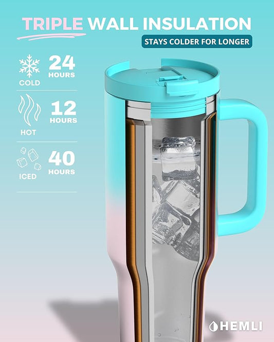 40 Oz Tumbler with Handle and Straw, Insulated Tumbler with Leakproof 2-in-1 Lid and Straw, Reusable and Portable Water and Coffee Stainless Steel Travel Mug, Vacuum Insulated