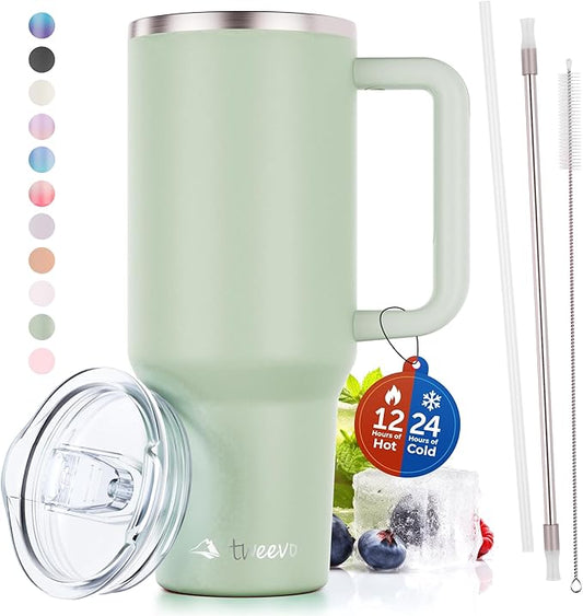 40 oz Tumbler With Handle and Straw Made of Stainless Steel - Double Wall Vacuum Insulated Tumbler With Lid - Sweat Proof Easy Grip, BPA-Free, Dishwasher Safe Tumbler (Sea Sage)