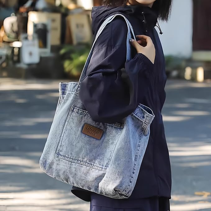 Denim Tote Bag for Women-Shoulder Handbag Perfect for Work Shopping,Hobo Bag