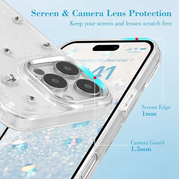 EYZUTAK Case for iPhone 17 Pro Max, Bling Glitter 3D Diamond Phone Case Cute Sparkly Crystal Clear Aesthetic Design Cover Slim Soft Durable TPU Transparent Protective Cover for Women Girls - Crystal