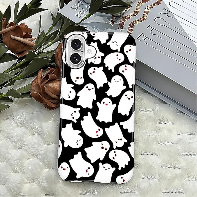 Case for iPhone 16 Case,Halloween Ghosts Bats Design - Hybrid Dual Protection Silicone + Hard PC Shockproof Full Body Cover Slim Anti-Scratch Protective Case for Men Women