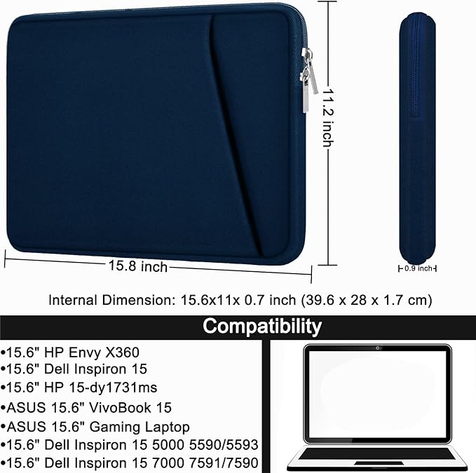 15.6 inch Laptop case, Durable Briefcase Shockproof Protective Sleeve, Handbags Portable Laptop Bag for 15.6 inch HP Dell Asus Lenovo Notebook Computer Cover with Front Pocket, Blue