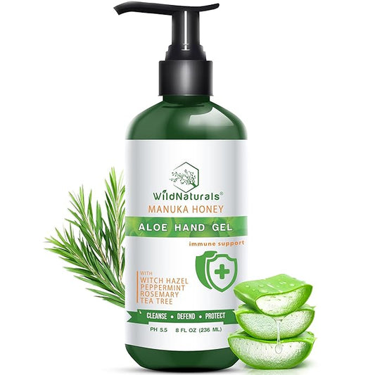 Pure Aloe Vera Gel Hand Cleaner - 100% Aloe Vera Gel Organic with Manuka Honey, Witch Hazel, Peppermint, Oregano, Rosemary, & Cleansing Tea Tree - Organic Waterless Purifying Wash