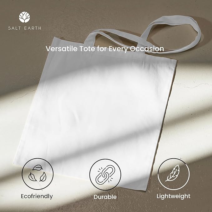 Salt Earth Pack of 5 | 6 | 12 | 24 | 48 – 100% Cotton Reusable Tote Bags – Bulk Grocery, Shopping, DIY, Beach & Gift Use