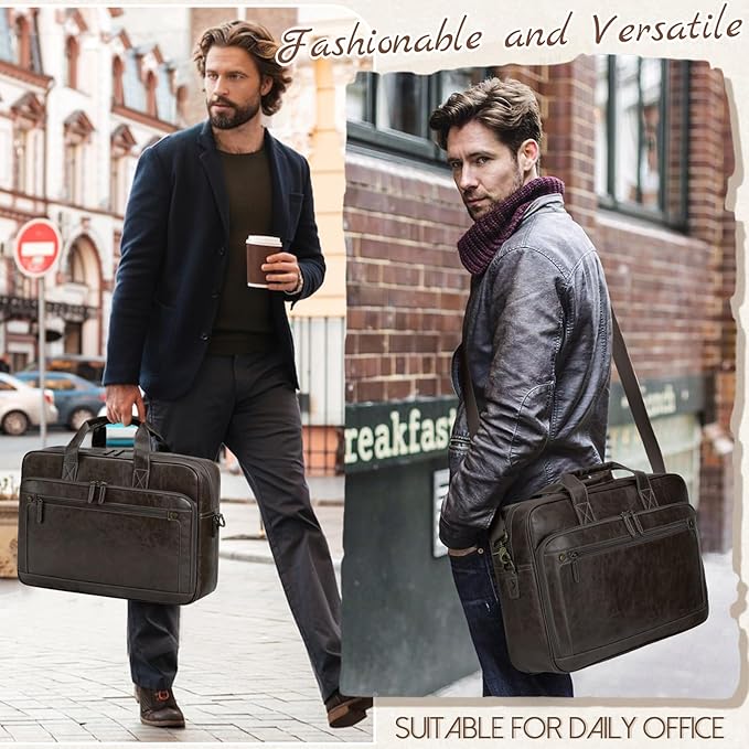 RAINSMORE Mens Laptop Bag 16 Inch Leather Briefcase Vintage Messenger Bag for Men Large Crossbody Shoulder Office Computer Bag Retro College Satchel for Work, Business,Travel, Coffee