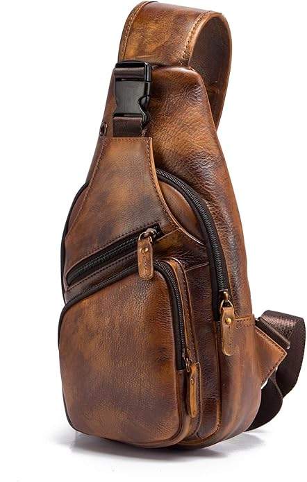 Le'aokuu Men Fashion Casual Tea Designer Travel Hiking Crossbody Chest Sling Bag Rig One Shoulder Strap Bag Men Leather 8015