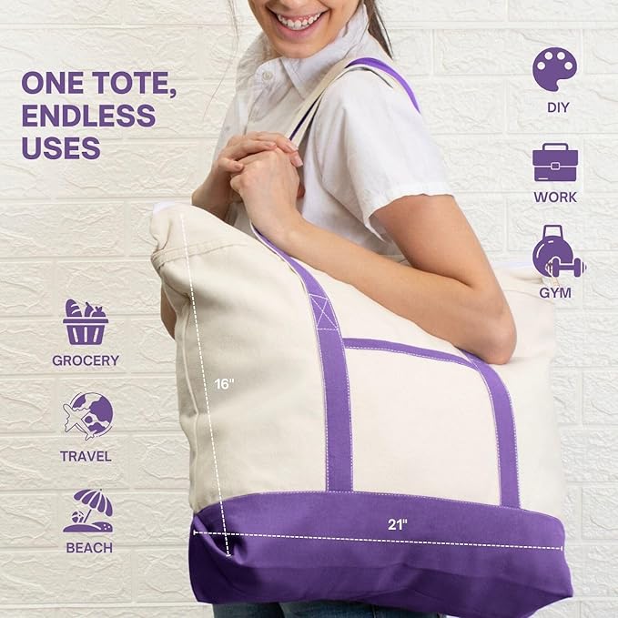 Cotton Canvas Tote Bag with an External Pocket & Top-Zipper Closure For - Gym, Beach, DIY, Work, Travel, Shopping