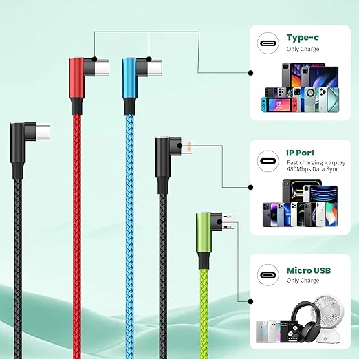 Travel Essentials USB C Multi Charging Cable 2Pack 5FT, Right Angle 4 in 1 Charging Cable, USB Cable Phone Charger with IP/Type C/Type C/Micro Port, Compatible with Most Cell Phones/Tablets and More