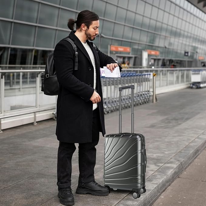 VANKEAN Carry On Luggage with Spinner Wheels & TSA Lock, Expandable Fashionable Hard Shell Suitcase airline approved，20 Inch Carry-On，Dark Grey