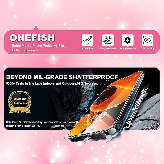 OneFish Women Fashion Privacy Screen Protector for iPhone 14 Pro Max [6.7 inch]+ Camera Lens Protector, Sparkling Diamond Bling Edge 9H Tempered High-Definition Glass