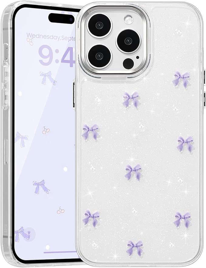 EYZUTAK Case for iPhone 13 Pro Max, Bling Glitter 3D Bowknot Phone Case Cute Sparkly Crystal Clear Bow Aesthetic Case Slim Soft Durable TPU Transparent Protective Cover for Women Girl-Purple Bow