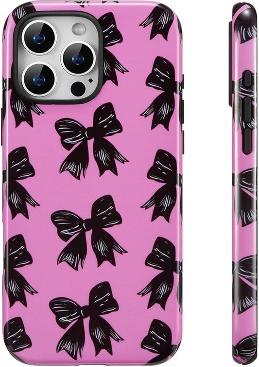 QLTYPRI Case for iPhone 15 Pro Max, Aesthetic Black Ribbon Bow Phone Case for Girls Women, Protective Hybrid 2-Layer Hard Shell Silicone Cover Durable Shockproof Phone Cover - Rose Red