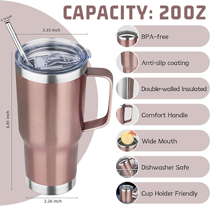 20 oz Rose Gold Stainless Steel Insulated Tumbler with Handle, Lid, Straw - Double Wall Vacuum Insulated Coffee Mug, Leak Proof Travel Mug for Hot and Cold Drink