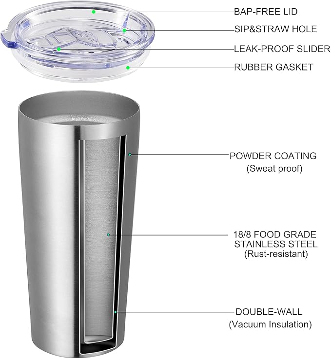VEGOND 20oz Tumbler Bulk with Lid and Straw 1 Pack, Stainless Steel Vacuum Insulated Tumbler, Double Wall Coffee Cup Travel Mug, Stainless Steel