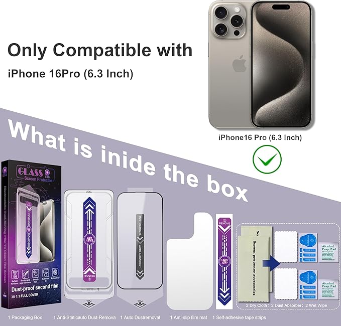 CHISHA 2-Pack Screen Protector Tempered Glass for iPhone 16 Pro 6.3-Inch, Auto Dust Removal, No Bubbles, High Definition Clear, Easy Installation