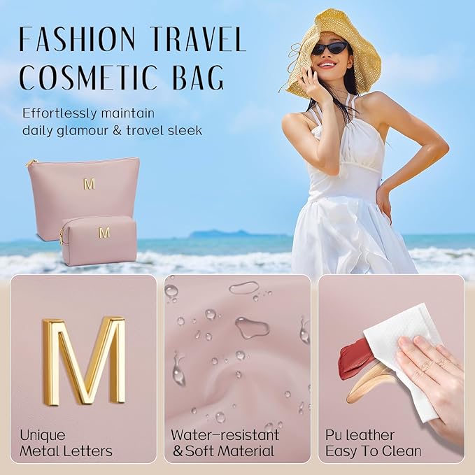 Women Gifts | Initial Makeup Bag Set for Girl Personalized Gifts for Bridesmaid Friend Graduation Teachers PU Leather Cosmetic Travel Toiletry Bag(Pink,M)