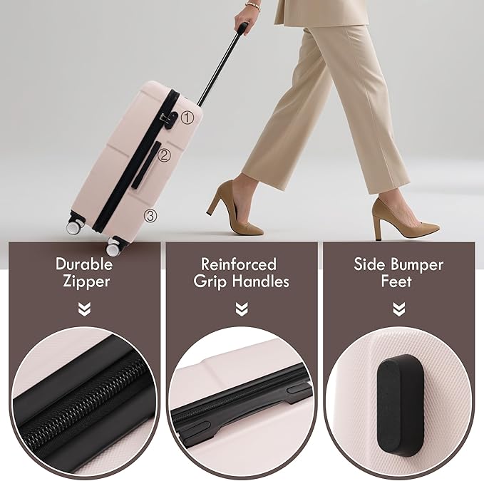 Merax Luggage Sets of 3 Piece Carry on Suitcase Airline Approved,Hardcase Suitcase Set with Double Spinner Wheels,Light Pink