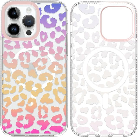SAKUULO Magnetic for iPhone 14 Pro Max Case Colourful Leopard Print Pattern [Compatible with MagSafe] [with Screen Protector] Wireless Charge Strengthen Protection Cover, Colourful Leopard (6.7")