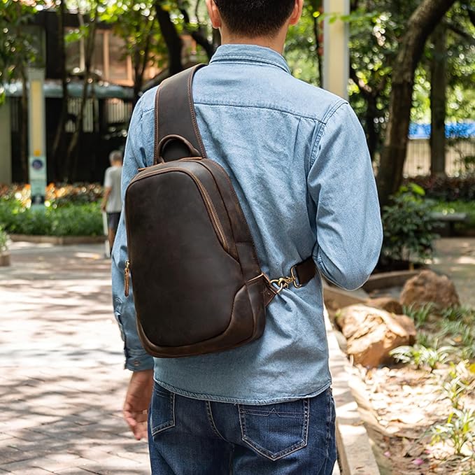 TIDING Men's Vintage Leather Crossbody Sling Bag Outdoor Travel Chest Bag Shoulder Daypack Fits 12.9" iPad