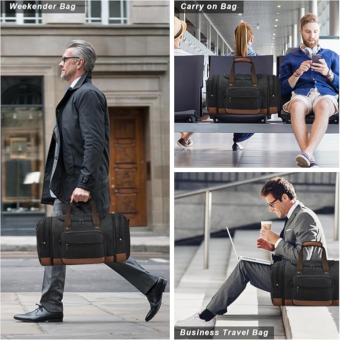 Litvyak Duffle Bag for Travel, 50L Canvas Travel Duffel Bags Overnight Weekend Gym Carry On Luggage Bag for Men & Women(Black+Toiletry Bag)