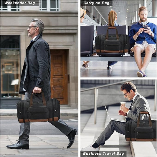 Litvyak Duffle Bag for Travel, 50L Canvas Travel Duffel Bags Overnight Weekend Gym Carry On Luggage Bag for Men & Women(Black+Toiletry Bag)