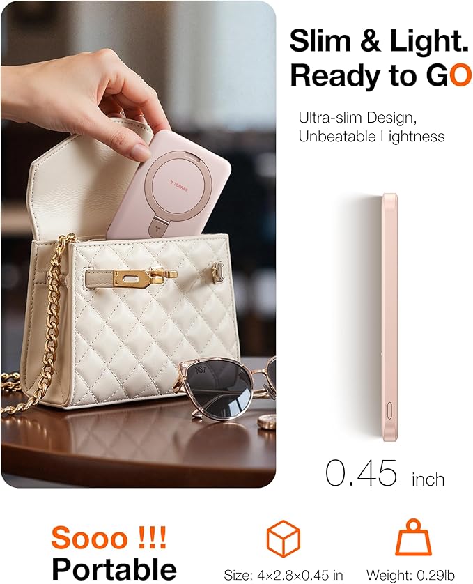 TORRAS EasyGo 0.45" Slim Magnetic Portable Charger Power Bank for iPhone, 5000mAh 22.5W PD Fast Charging Wireless Battery Pack Compatible with Magsafe, i Phone 17 Pro Max,Pro,16,15,14,13,12, Rose Gold