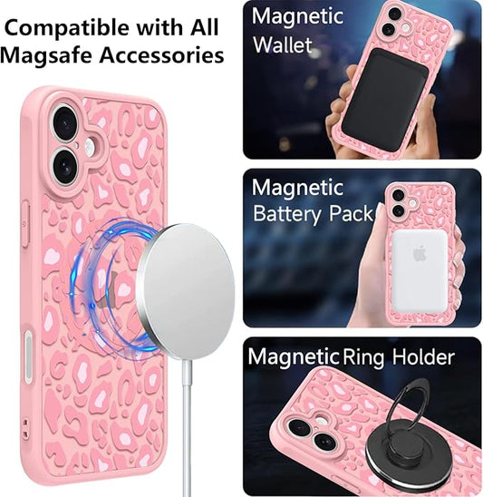 KANGHAR Case for iPhone 16 Pink Leopard Printed Pattern Cute Cheetah [Compatible with Magsafe] Protective Magnetic Case for Girls Women 6.1"