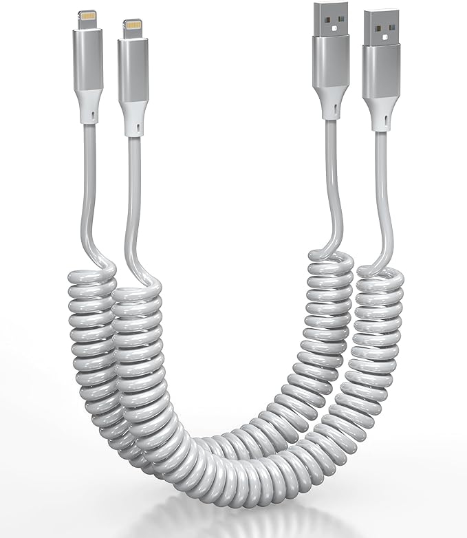 Coiled Lightning Cable for Car - 2 Pack 4ft MFi Certified Retractable iPhone Charger Cord, Short Curly Apple CarPlay Cable for iPhone 14/13/12/11/Pro/Pro Max/X/XR/XS/8, White