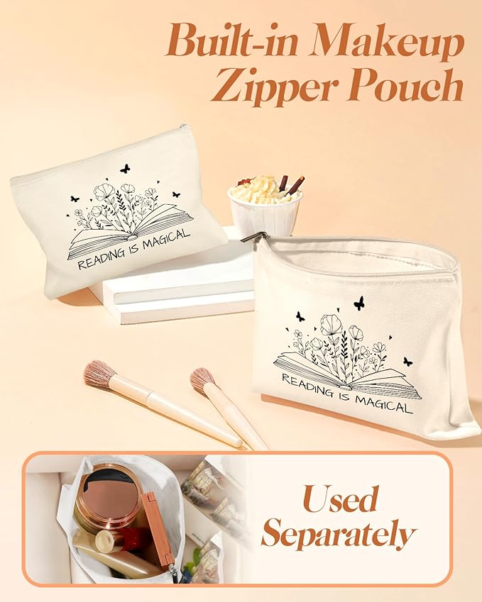 2 Pack Canvas Tote Bag - with Makeup Pouch Aesthetic Cute Women Reusable Canvas Bag for Shopping, Work, Travel