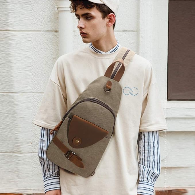 KL928 Canvas Sling Bag Crossbody Backpack Shoulder Casual Rucksack for Men Women,Olive Green