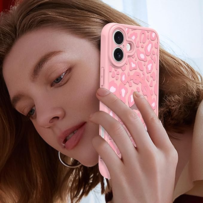 KANGHAR Case for iPhone 16 Pink Leopard Printed Pattern Cute Cheetah [Compatible with Magsafe] Protective Magnetic Case for Girls Women 6.1"